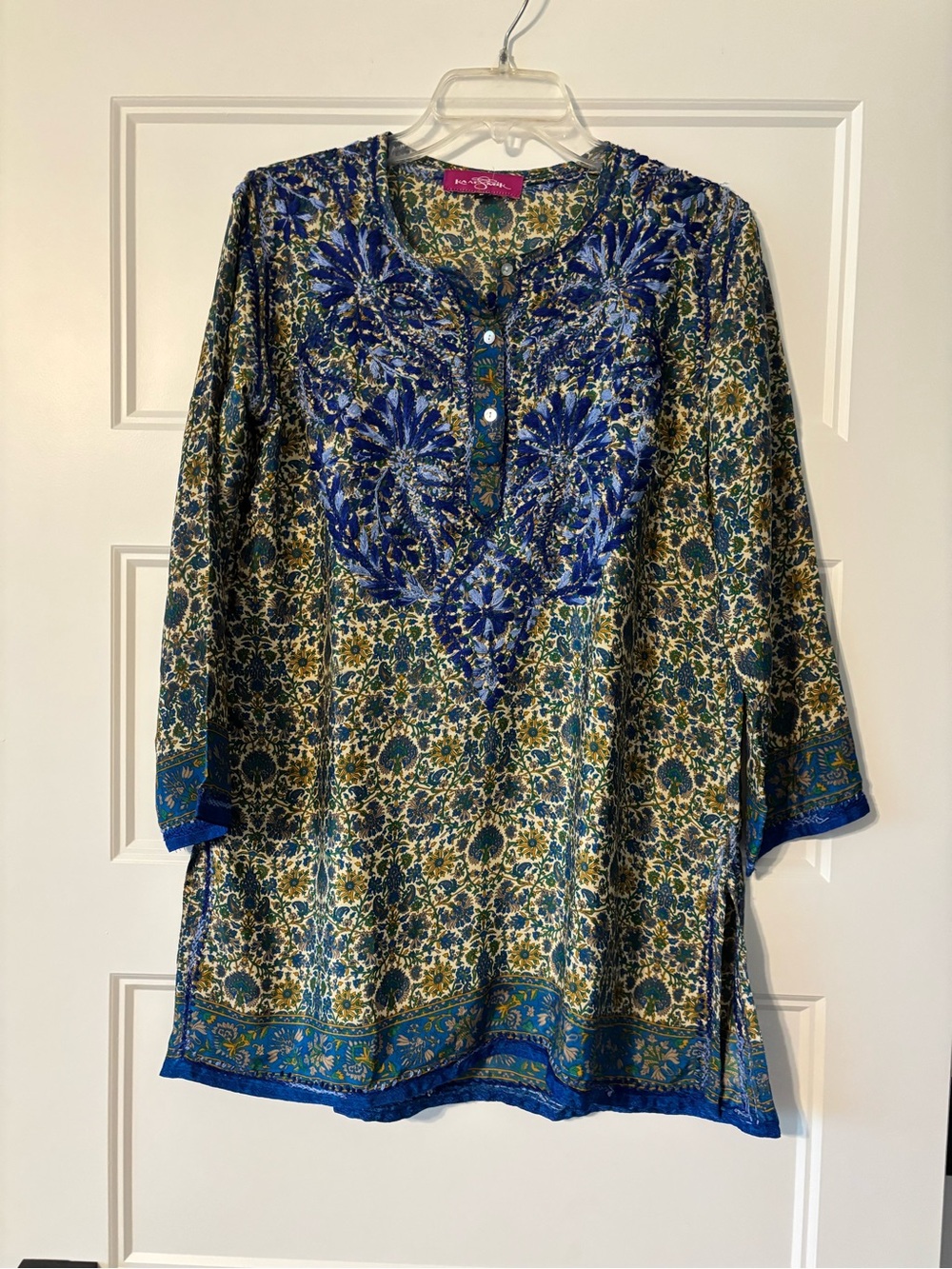 Blue Floral Silk Embroidered V-Neck Tunic Top size small hand made
